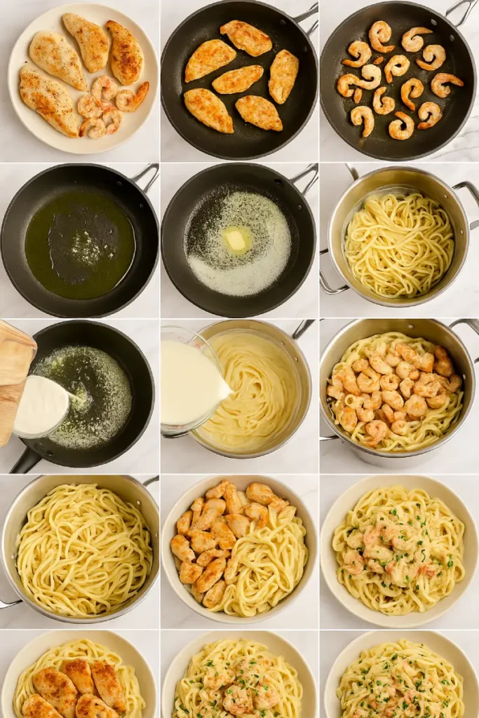 Chicken and Shrimp Alfredo Perfect Dinner Idea 8 Step-by-step preparation of creamy chicken and shrimp Alfredo pasta—includes boiling pasta, making rich Alfredo sauce, and combining all ingredients in a saucepan.