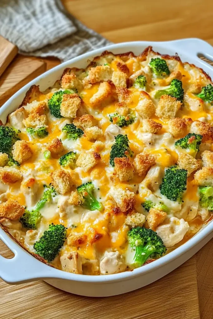 Leftover Rotisserie Chicken Recipes That Are Quick and Delicious 1 Baked chicken and broccoli casserole topped with melted cheese and golden croutons