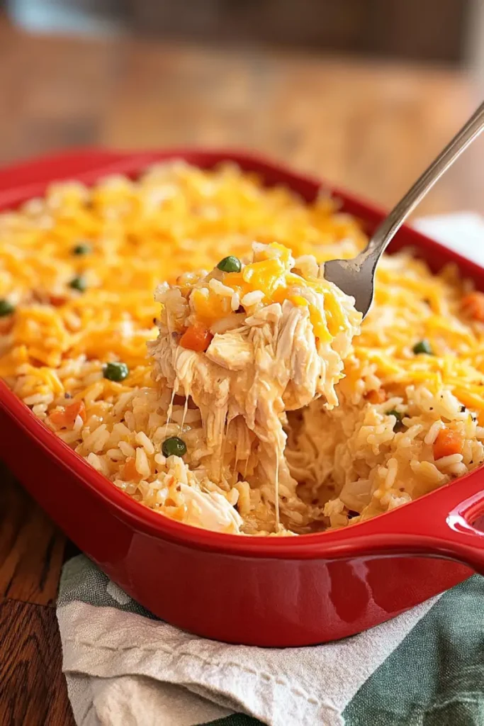 Leftover Rotisserie Chicken Recipes That Are Quick and Delicious 2 Baked cheesy chicken and rice casserole with vegetables in a red dish