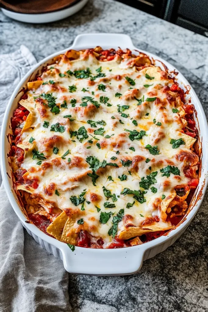 Leftover Rotisserie Chicken Recipes That Are Quick and Delicious 3 Cheesy baked chicken tortilla casserole with tomato sauce and fresh herbs