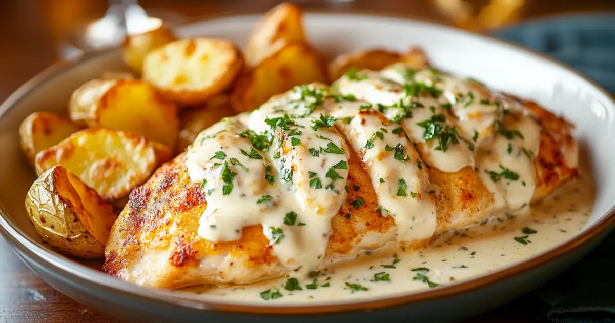 Baked Cream Cheese Chicken Served with Fresh Herbs