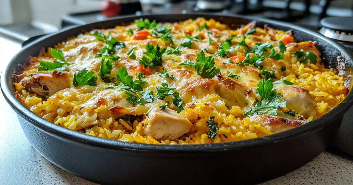 Freshly Baked Chicken and Yellow Rice Casserole in a Glass Dish