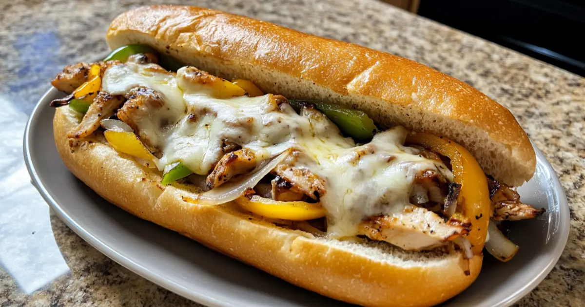 Cheesy Chicken Cheesesteak Sandwich with Peppers and Onions