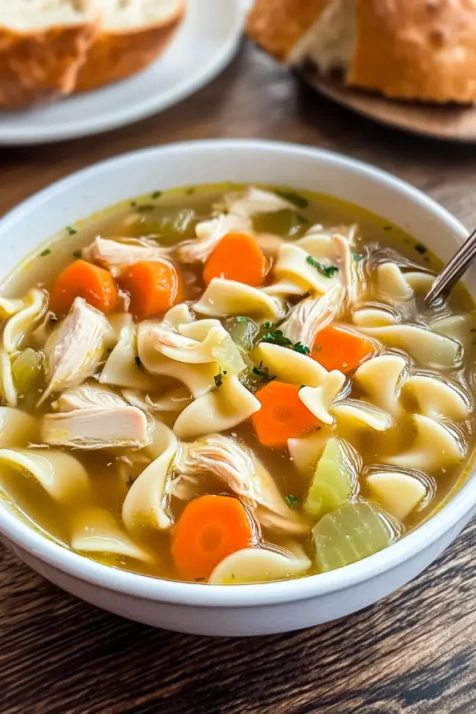 Leftover Rotisserie Chicken Recipes That Are Quick and Delicious 4 Bowl of homemade chicken noodle soup with carrots, celery, and egg noodles