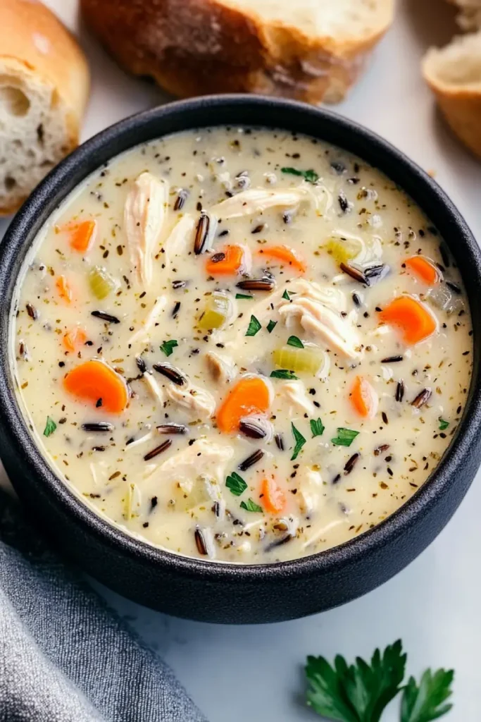 Leftover Rotisserie Chicken Recipes That Are Quick and Delicious 5 Bowl of creamy chicken and wild rice soup with carrots and herbs