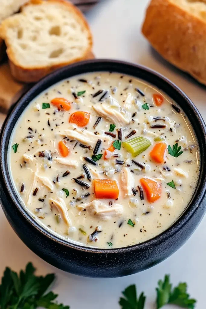what to do with leftover rotisserie chicken 2 Bowl of creamy chicken and rice soup with carrots, celery, and wild rice