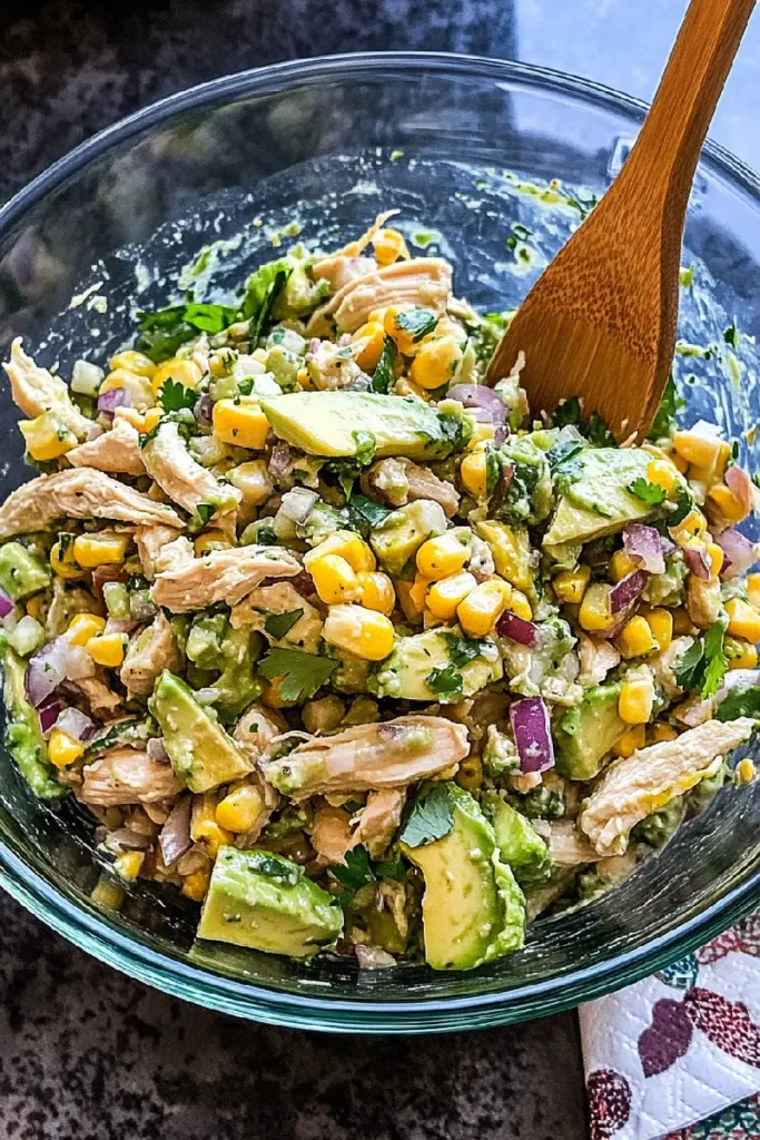 what to do with leftover rotisserie chicken 4 Bowl of avocado chicken salad with corn, red onion, and cilantro