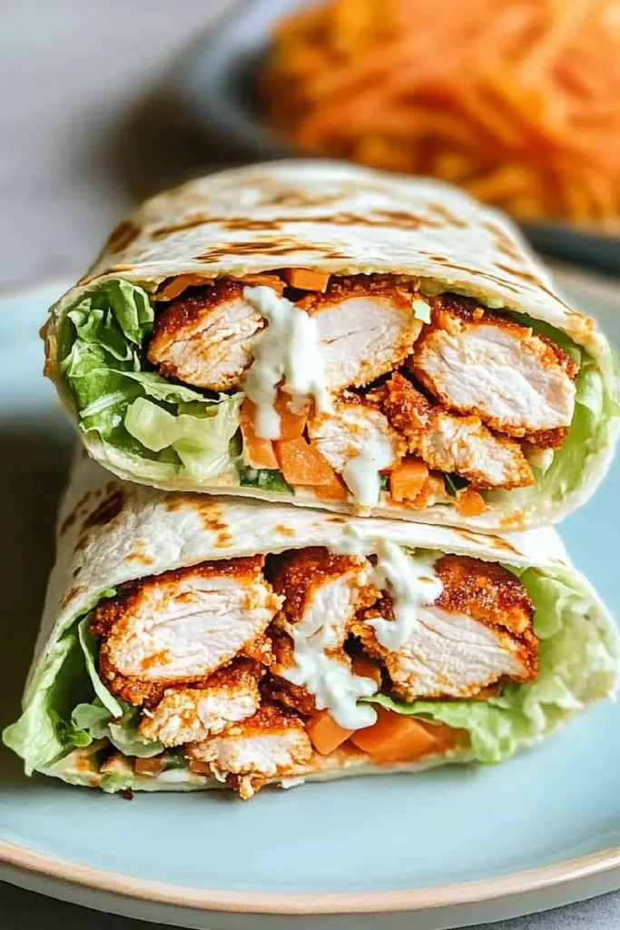 what to do with leftover rotisserie chicken 6 Buffalo chicken wrap with crispy chicken, lettuce, carrots, and ranch in a flour tortilla