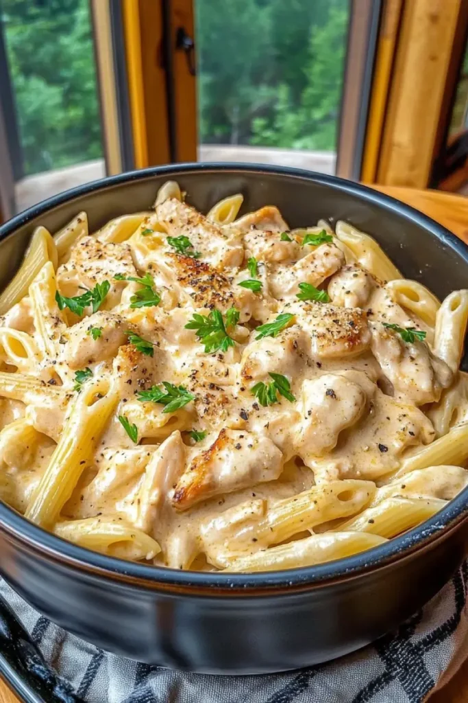 what to do with leftover rotisserie chicken 7 Bowl of creamy garlic chicken pasta with penne and fresh parsley