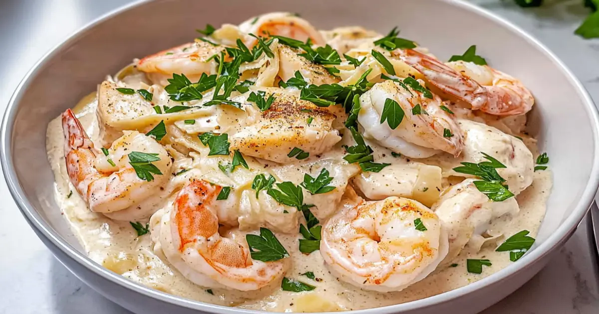 Plate of Creamy Chicken and Shrimp Alfredo Pasta Garnished with Parsley