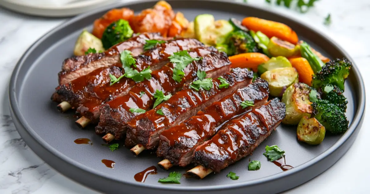 Grilled boneless beef ribs on a wooden platter with BBQ sauce, coleslaw, and mashed potatoes.