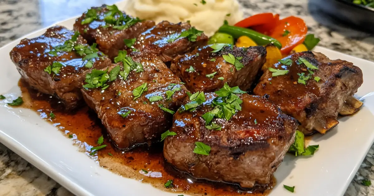 Oven-baked boneless short ribs glazed in BBQ sauce with mashed potatoes and roasted carrots on a rustic wooden table.