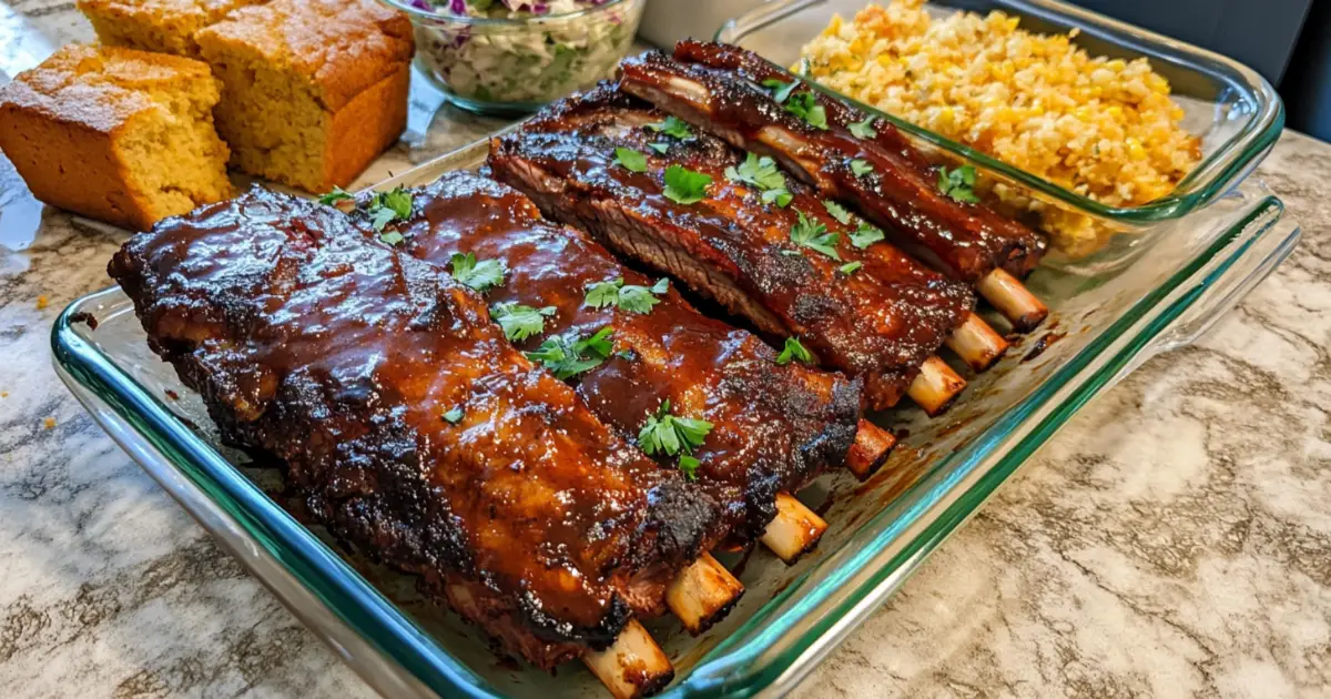 A platter of country-style beef ribs glazed with barbecue sauce, garnished with herbs, served with baked beans and cornbread.