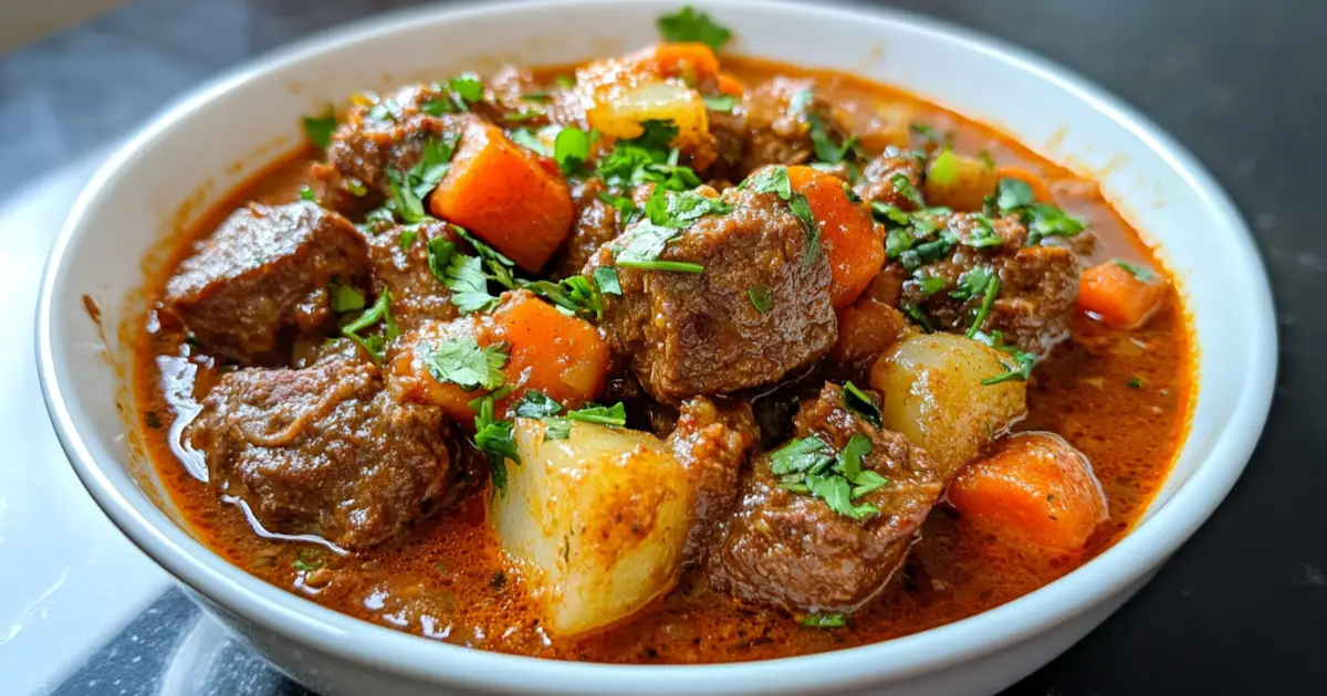 Steaming bowl of beef broth garnished with parsley, served with crusty bread on a rustic wooden table.