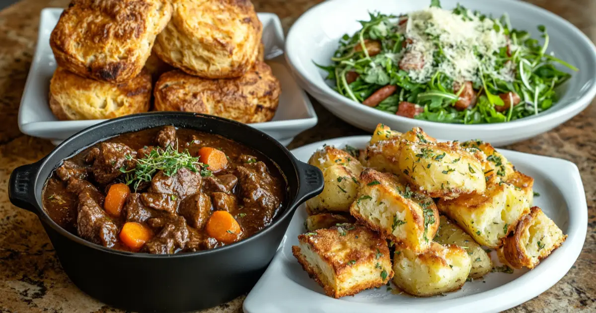 Steaming bowl of beef stew with artisan bread on a rustic wooden table, accompanied by red wine and thyme.