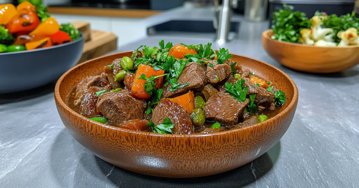 Beef kidney stew garnished with parsley, served in a rustic bowl with bread and wine on a wooden table.