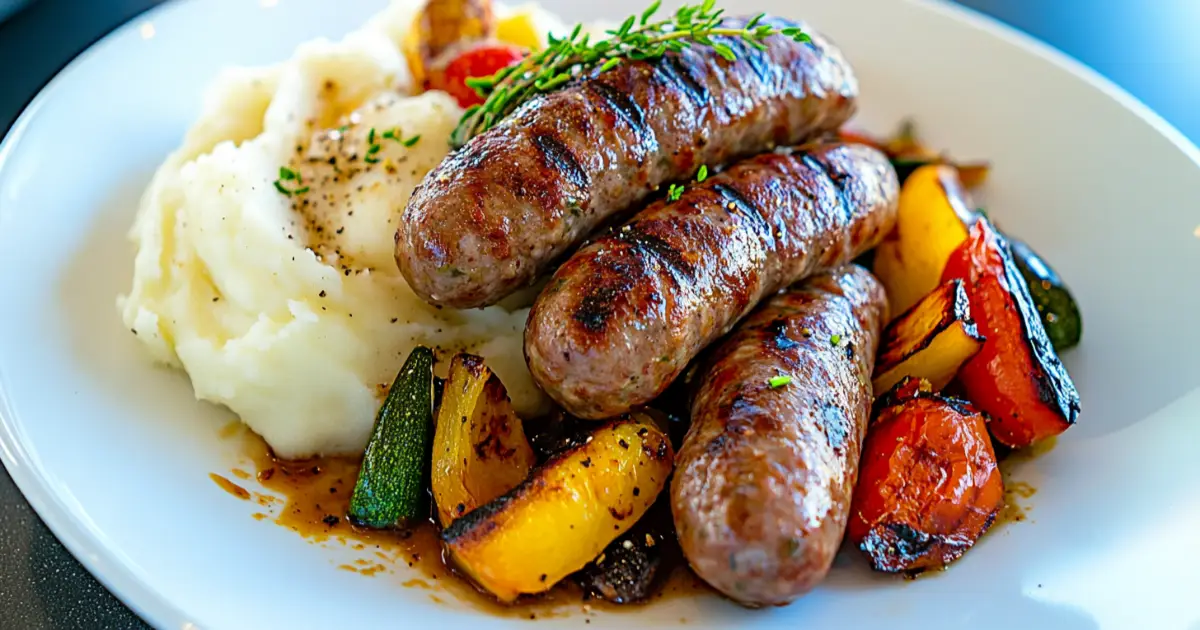 Grilled beef sausages served with roasted vegetables and dipping sauces on a rustic wooden platter.