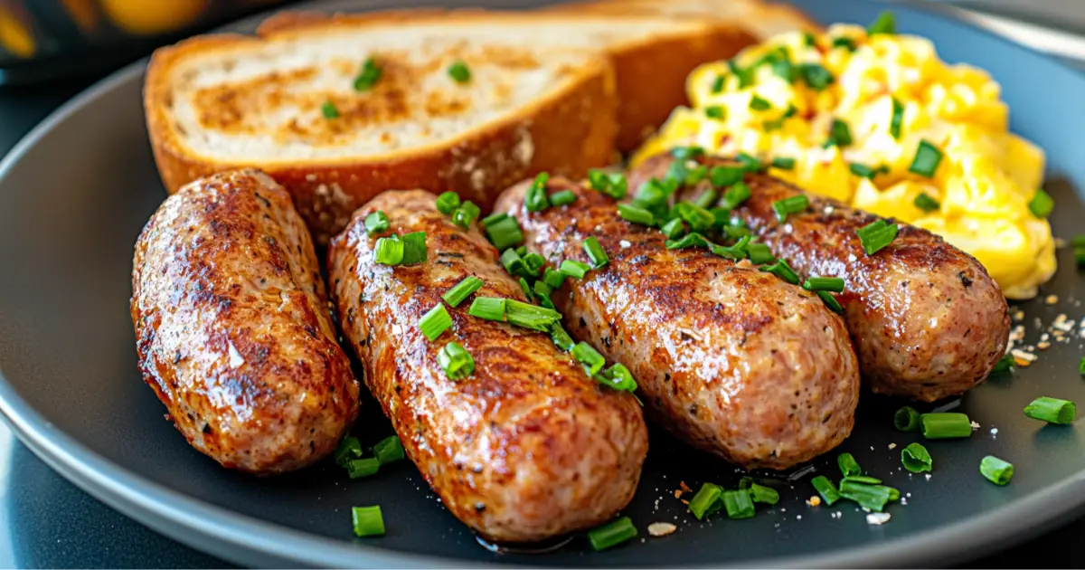 Hearty beef breakfast sausage patties with scrambled eggs and fresh fruit on a wooden platter.