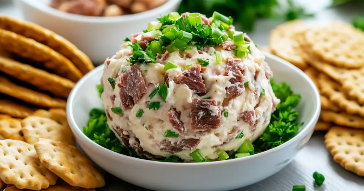 Festive Dried Beef Cheese Ball with Crackers and Vegetables