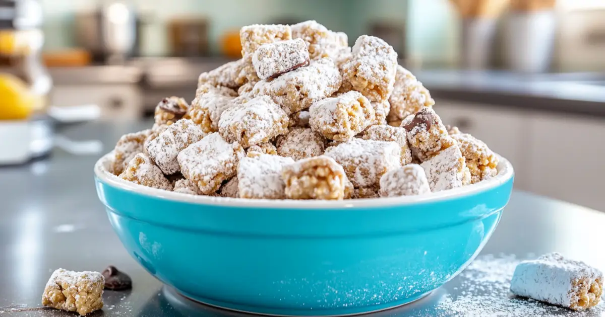 Muddy Buddies Snack in a Bowl with Powdered Sugar Coating