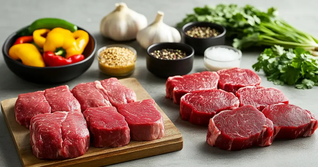 Key ingredients for shaking beef, including tender cuts of beef (filet mignon, ribeye, sirloin), marinade components (soy sauce, fish sauce, sesame oil), and fresh vegetables like bell peppers, onions, garlic, and fresh herbs.