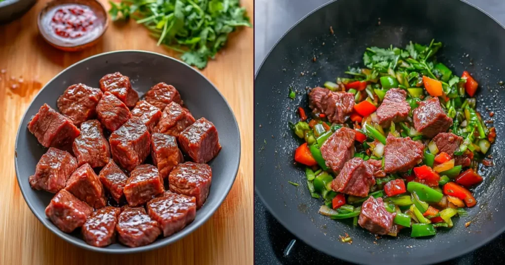 Step-by-step process of cooking shaking beef, including preparing and marinating beef, stir-frying vegetables, and assembling the dish with fresh cilantro and jasmine rice.