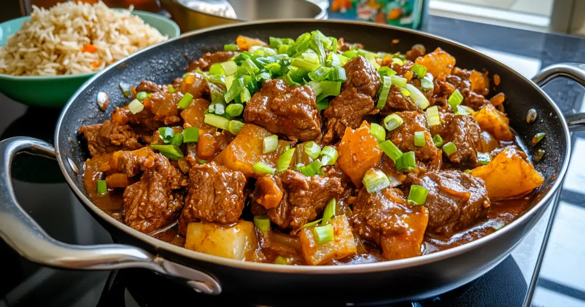 Plate of Beef Pares with Garlic Rice and Beef Broth