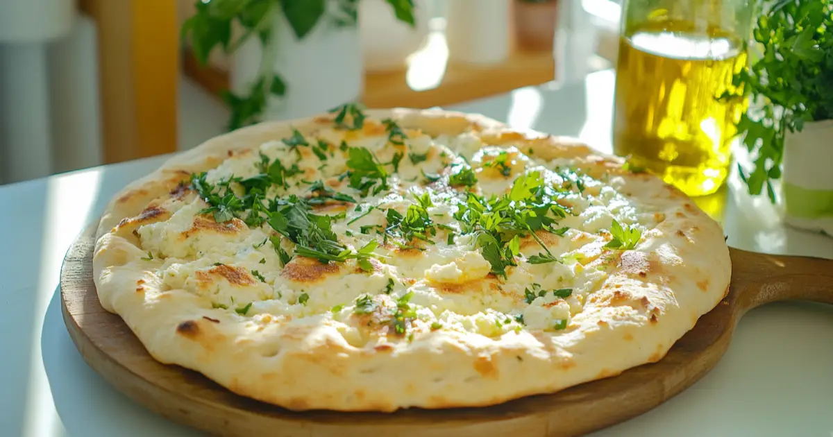 Freshly Baked Cottage Cheese Flatbread Topped with Herbs