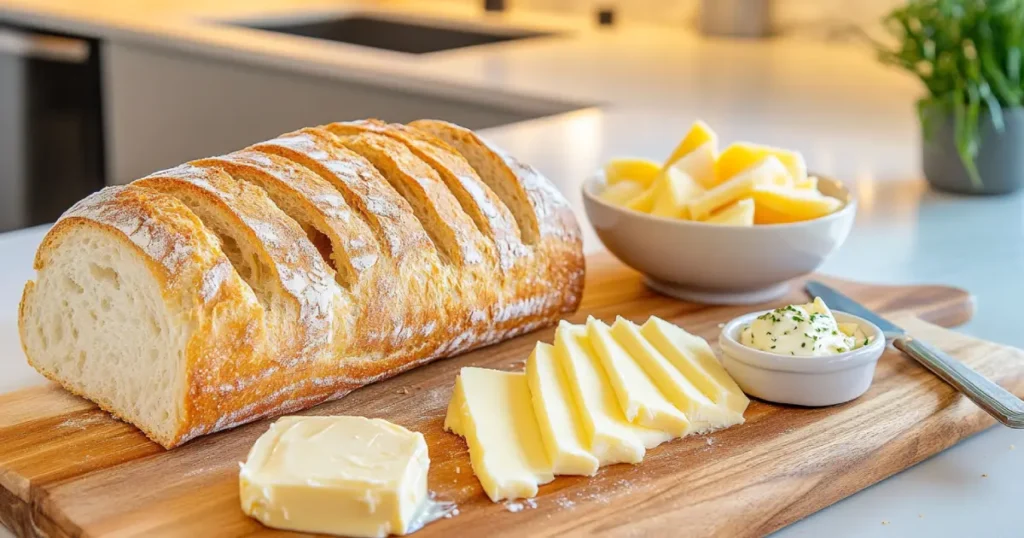 Ingredients for Starbucks-style grilled cheese, featuring sourdough bread, white cheddar and mozzarella cheese, and garlic Parmesan butter spread on a wooden cutting board in a modern kitchen.