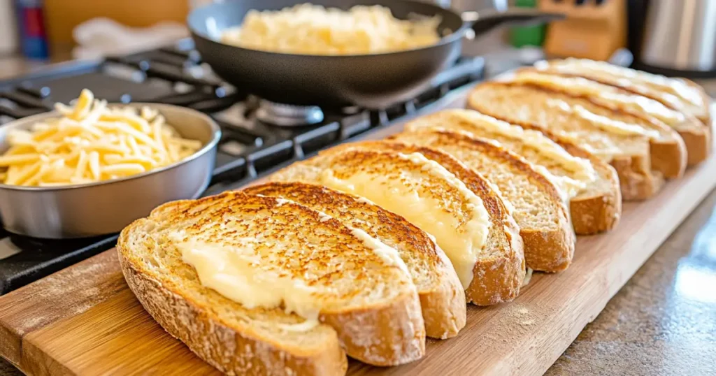 Step-by-step preparation of Starbucks-style grilled cheese, featuring sourdough bread slices spread with garlic Parmesan butter, shredded cheddar and mozzarella cheese, and a hot skillet in a cozy kitchen setting.