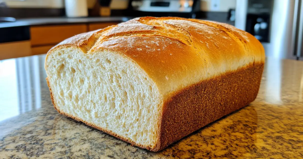 A freshly baked loaf of homemade white bread with a golden-brown crust, sitting on a polished kitchen countertop, with a soft and fluffy texture visible in the sliced portion.