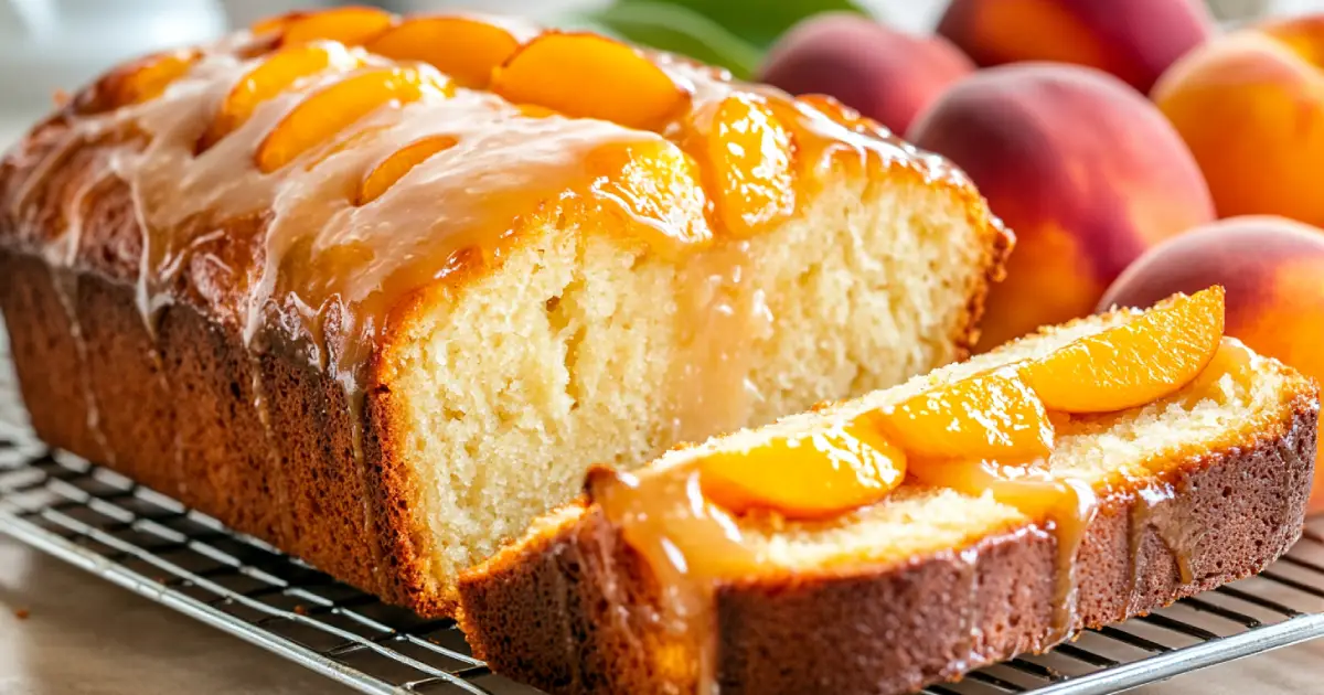 A freshly baked loaf of peach bread, sliced to reveal its moist texture, surrounded by fresh peaches and a sprinkle of cinnamon.