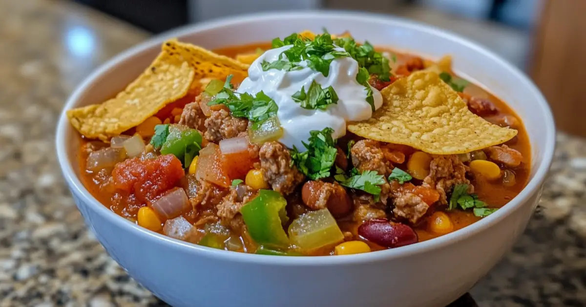 Bowl of Chilled Taco Soup Frios with Toppings