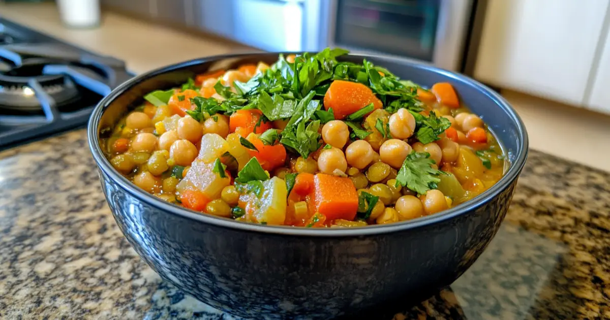 Nutritious Bowl of High Protein Vegetarian Soup with Lentils and Vegetables