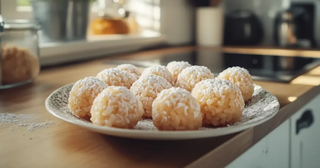 Sweet Rice Recipe A Simple and Delicious Treat! 2 Plate of Coconut Rice Balls Lightly Dusted with Powdered Sugar