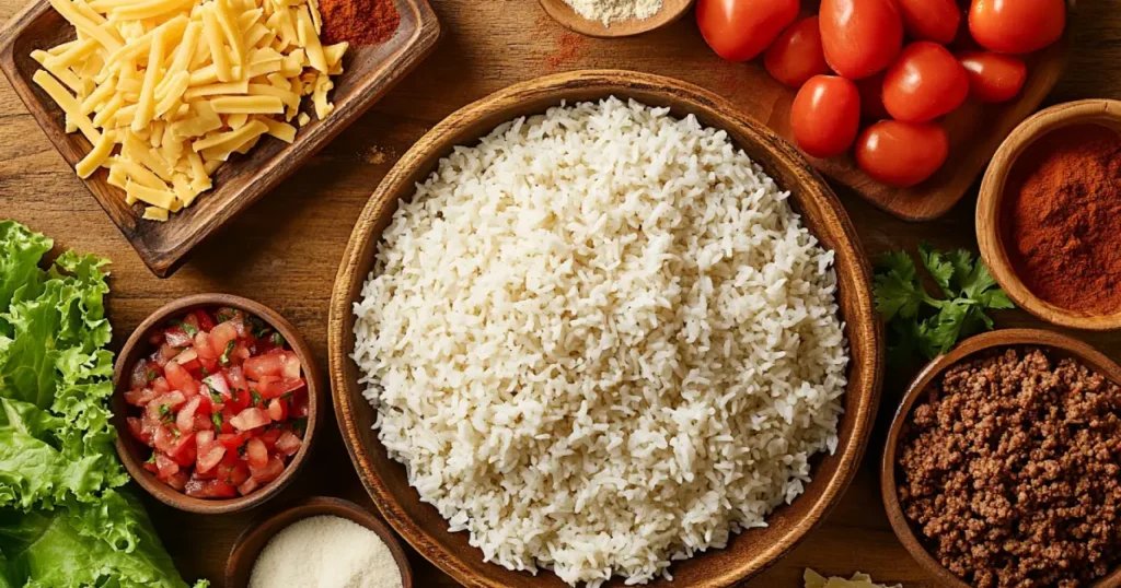 A Rustic Presentation of Fresh Ingredients for a Mexican Rice Bowl Recipe