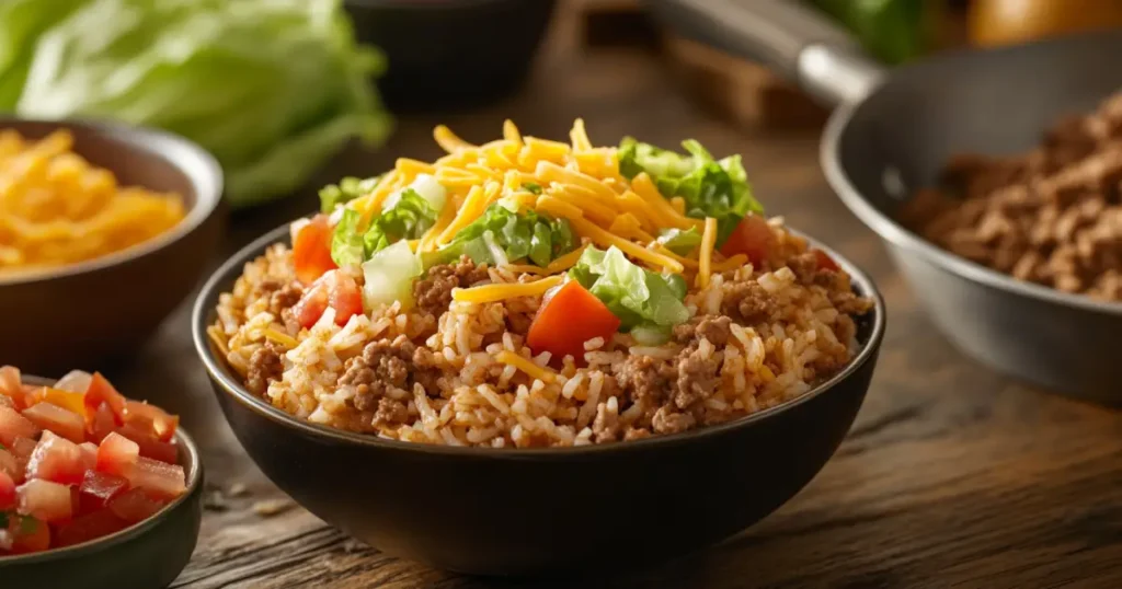 A Bowl of Flavorful Taco Rice Garnished with Fresh Toppings
