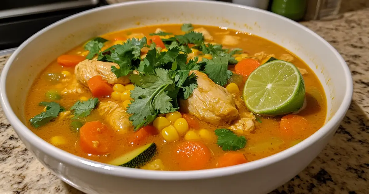 A steaming bowl of authentic caldo de pollo garnished with cilantro and lime