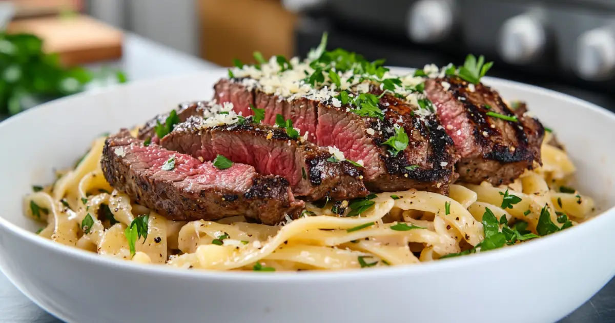 Juicy Sliced Steak with Creamy Pasta and Fresh Parsley Garnish