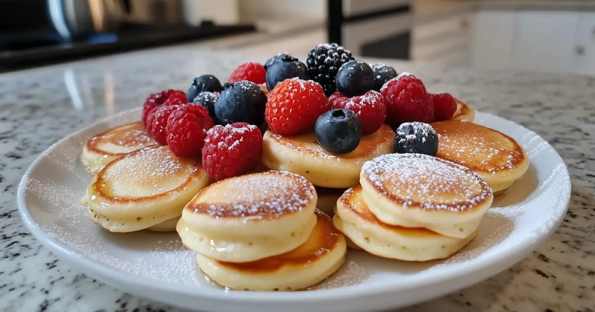 Mini Pancakes Stacked with Syrup and Fresh Berries