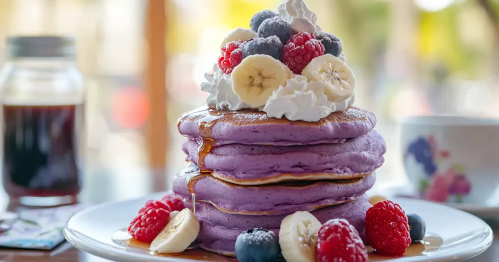 Stack of Purple Taro Pancakes Topped with Whipped Cream, Syrup, and Fresh Fruit