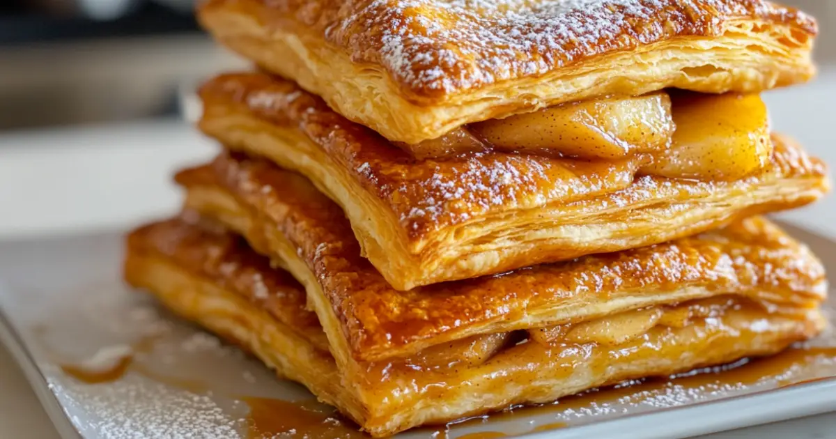 Golden Apple Puff Pastries Freshly Baked and Garnished with Powdered Sugar