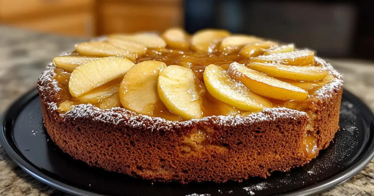 Rustic Apple Cake with Caramel Glaze Topping on a Black Plate