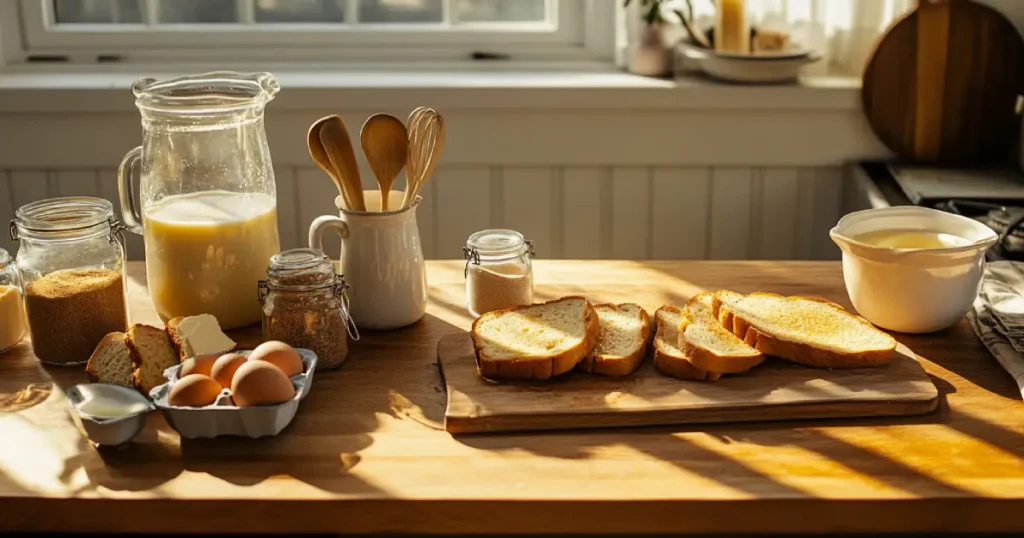 Rustic kitchen setup with ingredients for French toast, featuring bread slices, eggs, milk, and sugar, bathed in natural morning light.