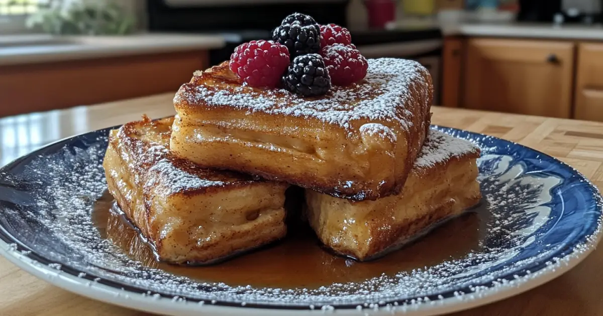 Close-Up of Hawaiian Roll French Toast with Fresh Berries and Syrup