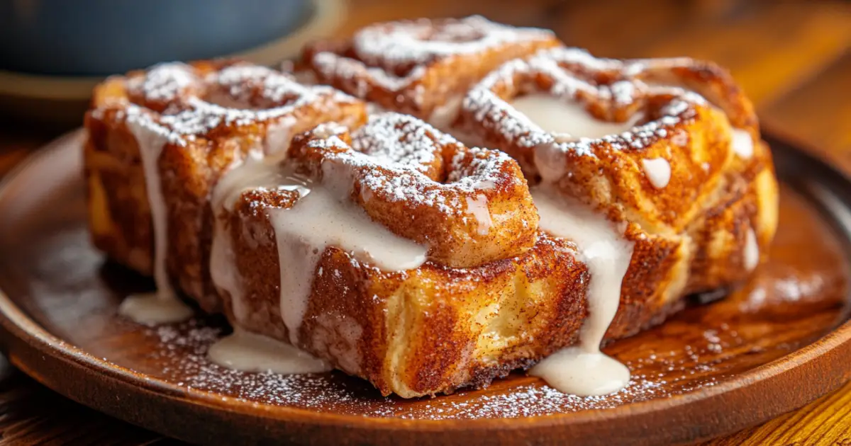 Golden cinnamon roll french toast topped with cream cheese frosting and fresh berries.