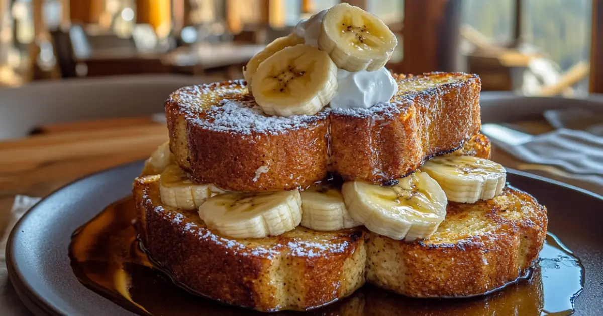 Golden Banana Bread French Toast Topped with Fresh Bananas and Maple Syrup