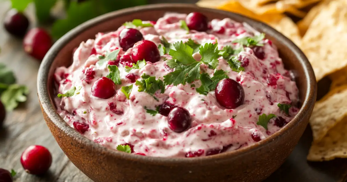 Festive Bowl of Creamy Cranberry Jalapeño Dip Garnished with Fresh Cranberries and Jalapeño Slices