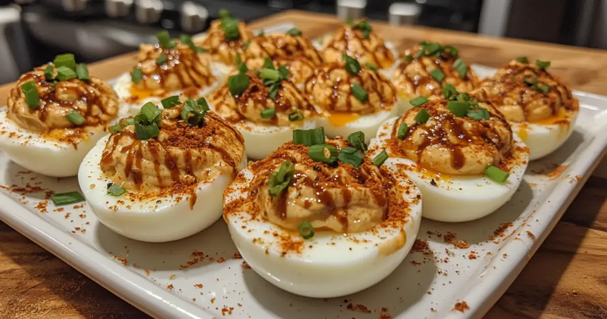 Bang Bang Deviled Eggs Garnished with Chives and Paprika