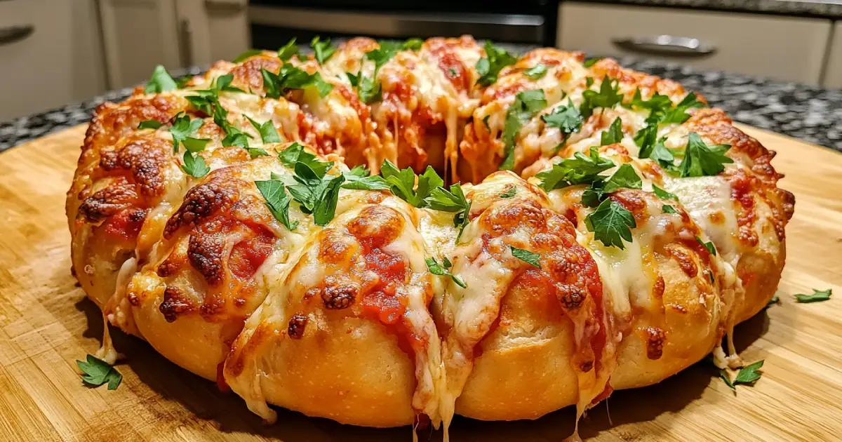 Golden-Brown Pizza Bomb Wreath with Garlic Butter Glaze and Marinara Sauce